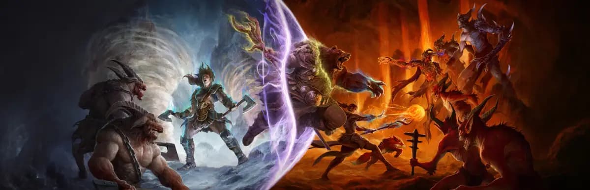 디아블로 IV: 증오의 군주 키아트. 팔라딘과 워록이 메피스토의 세력과 맞서고 있다