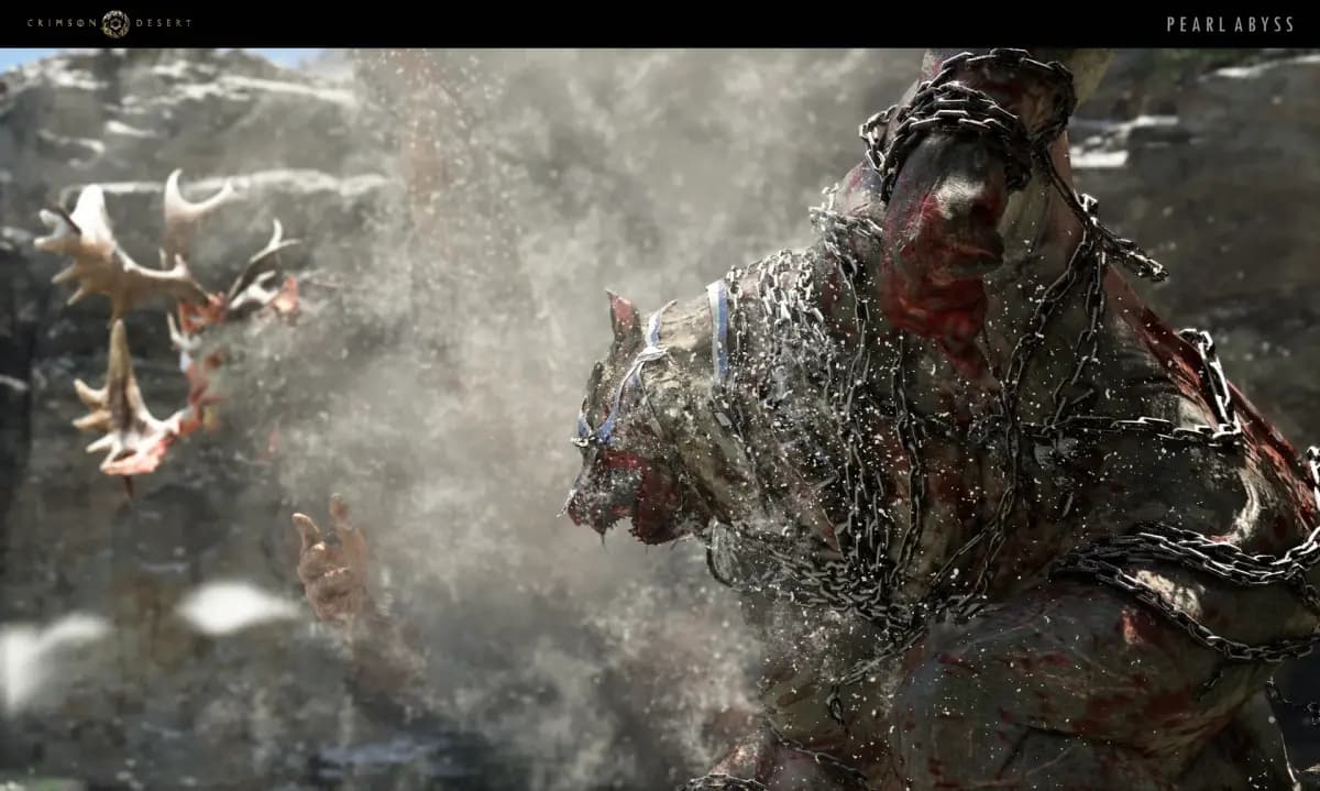 붉은사막 보스 몬스터. 쇠사슬에 감긴 거대한 짐승이 포효하고 있다