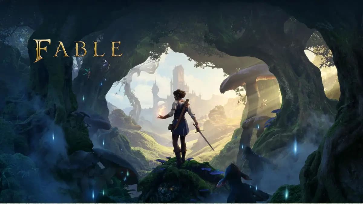Fable 공식 키 아트, 마법 숲에서 검을 든 여성 캐릭터가 멀리 성을 바라보는 장면