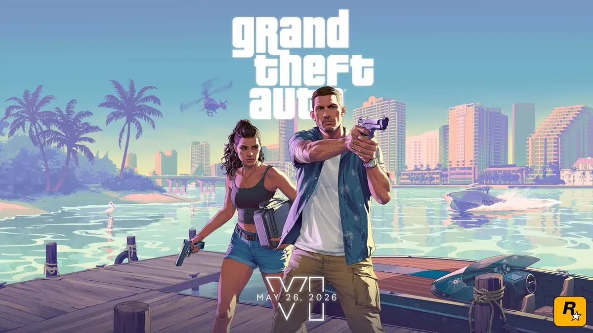 Grand Theft Auto VI 트레일러 2 키 아트, 부두에서 권총을 든 제이슨과 루시아