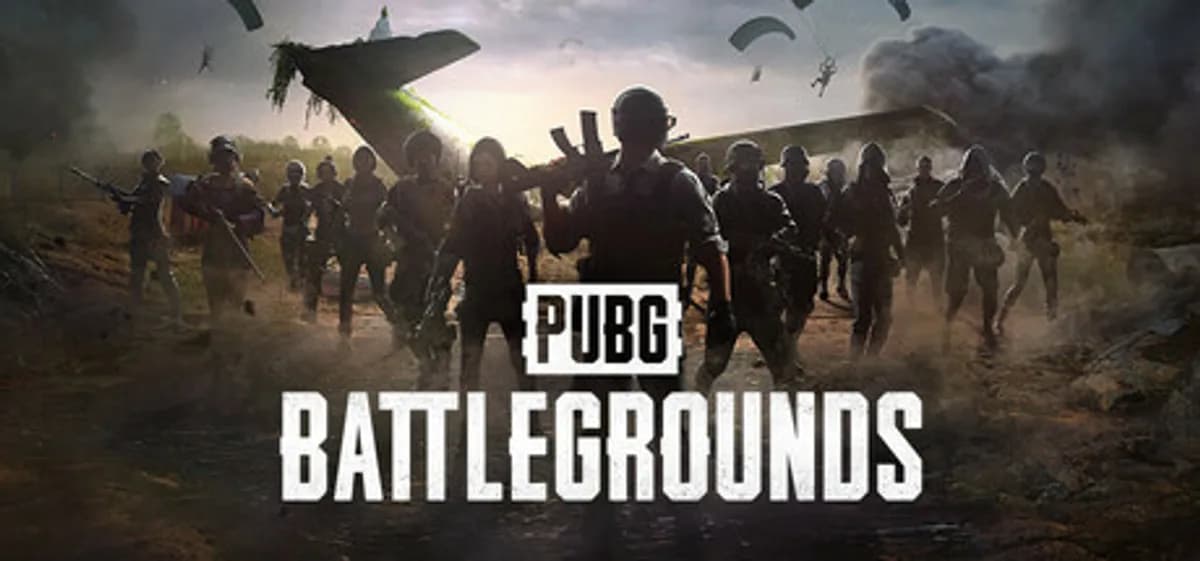 PUBG: 배틀그라운드 공식 키 비주얼, 일행이 도열한 분쟁 지역 한가운데 PUBG BATTLEGROUNDS 로고가 박혀 있는 장면