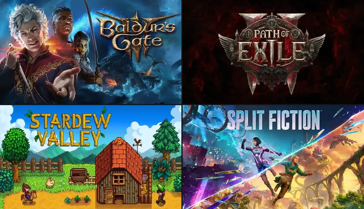 BG3, PoE2, Stardew Valley, Split Fiction 2x2 콜라주