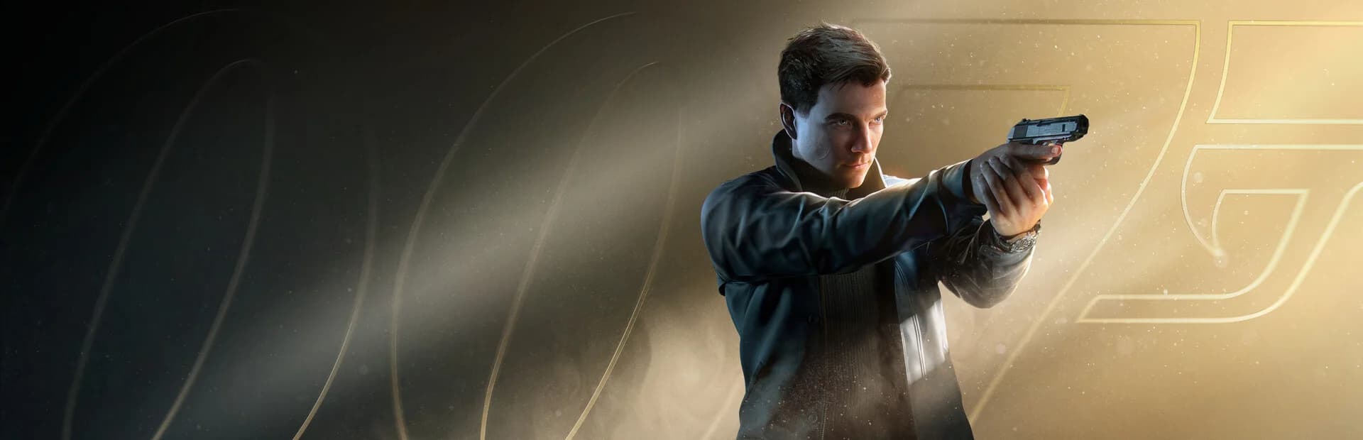 정장 차림의 젊은 제임스 본드가 권총을 정면으로 조준하는 007 퍼스트 라이트 공식 키 아트