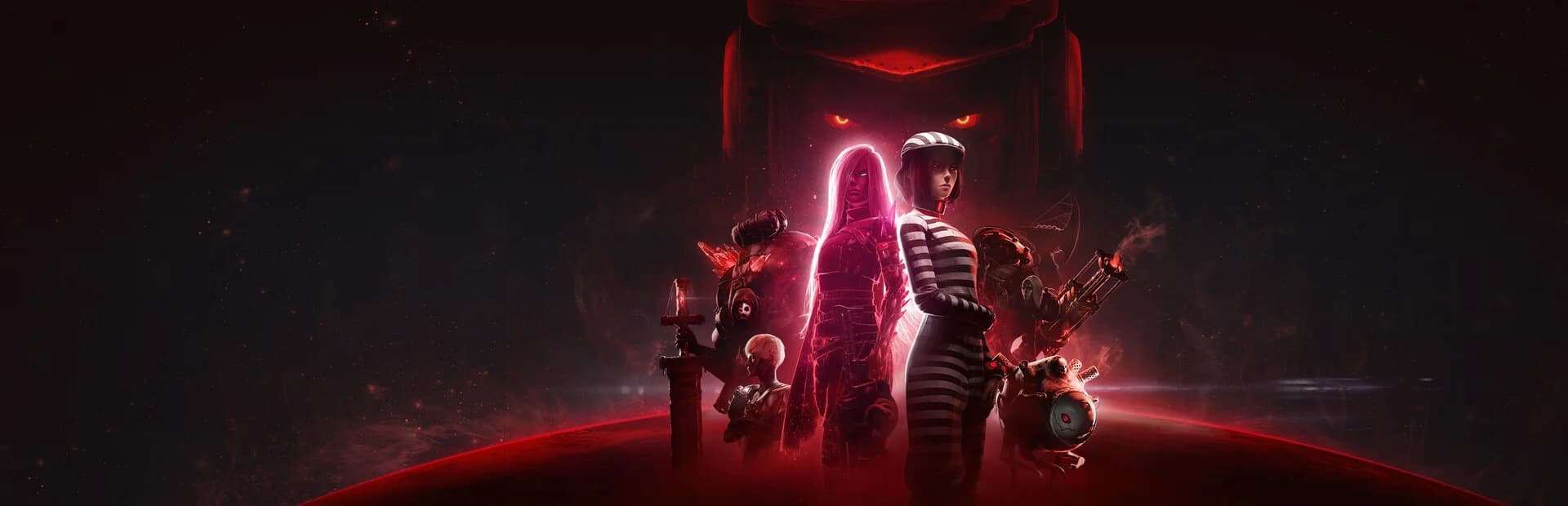 붉은 달 아래 핑크 네온 머리의 여성과 줄무늬 수의를 입은 여성이 나란히 선 키 아트, 뒤로 눈이 빛나는 거대 실루엣