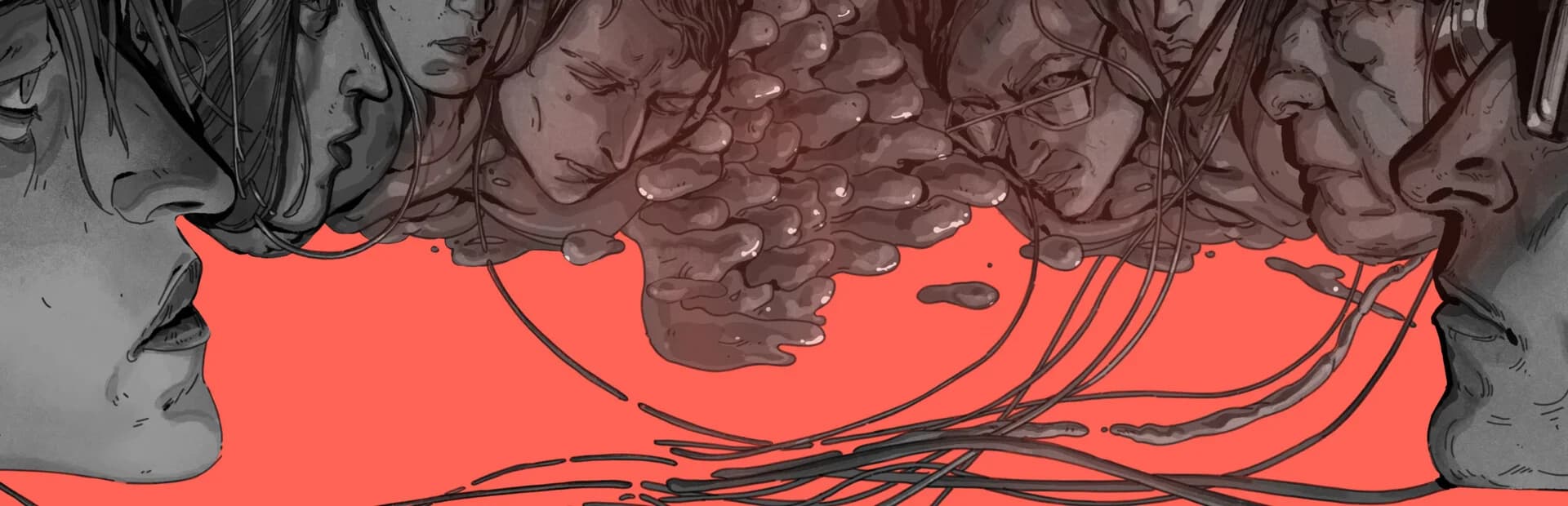 붉은 배경에 검은 윤곽의 얼굴 여러 개가 뭉쳐지듯 녹아 내리는 일러스트 키 아트