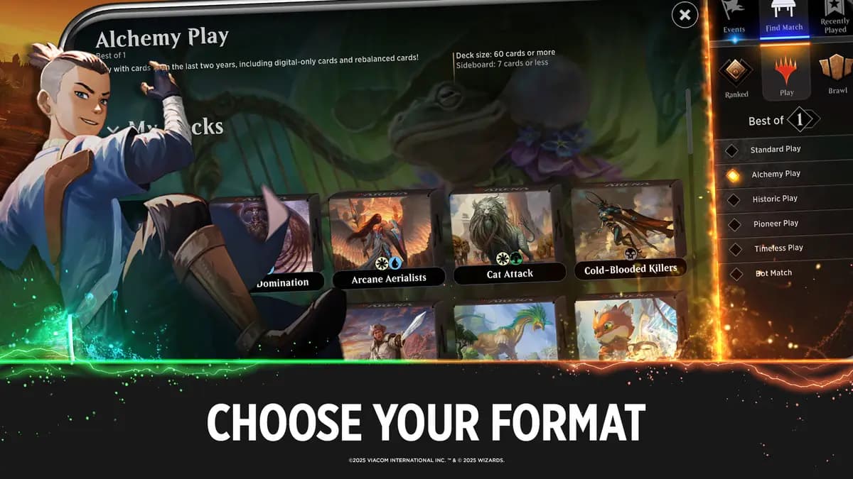 매직: 더 개더링 아레나 게임 화면, Alchemy Play 모드의 덱 선택 메뉴와 'CHOOSE YOUR FORMAT' 안내가 표시된 인터페이스