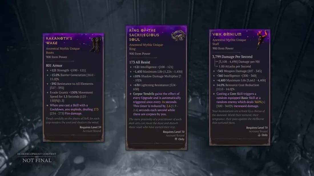 디아블로 4 패치 3.1 PTR Mythic Unique 신규 카드 3종 안내 이미지