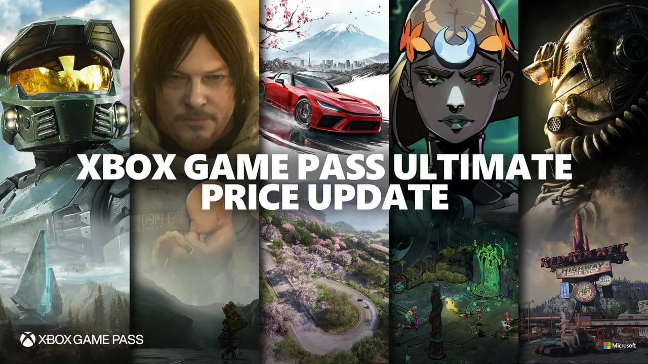 Xbox Game Pass Ultimate Price Update 헤더 이미지로 헤일로 마스터 치프, 다리 들고 있는 캐릭터, 빨간 스포츠카와 후지산, 애니메이션 여성 캐릭터, 폴아웃 파워 아머가 콜라주된 위에 큰 흰색 글씨가 적혀 있다