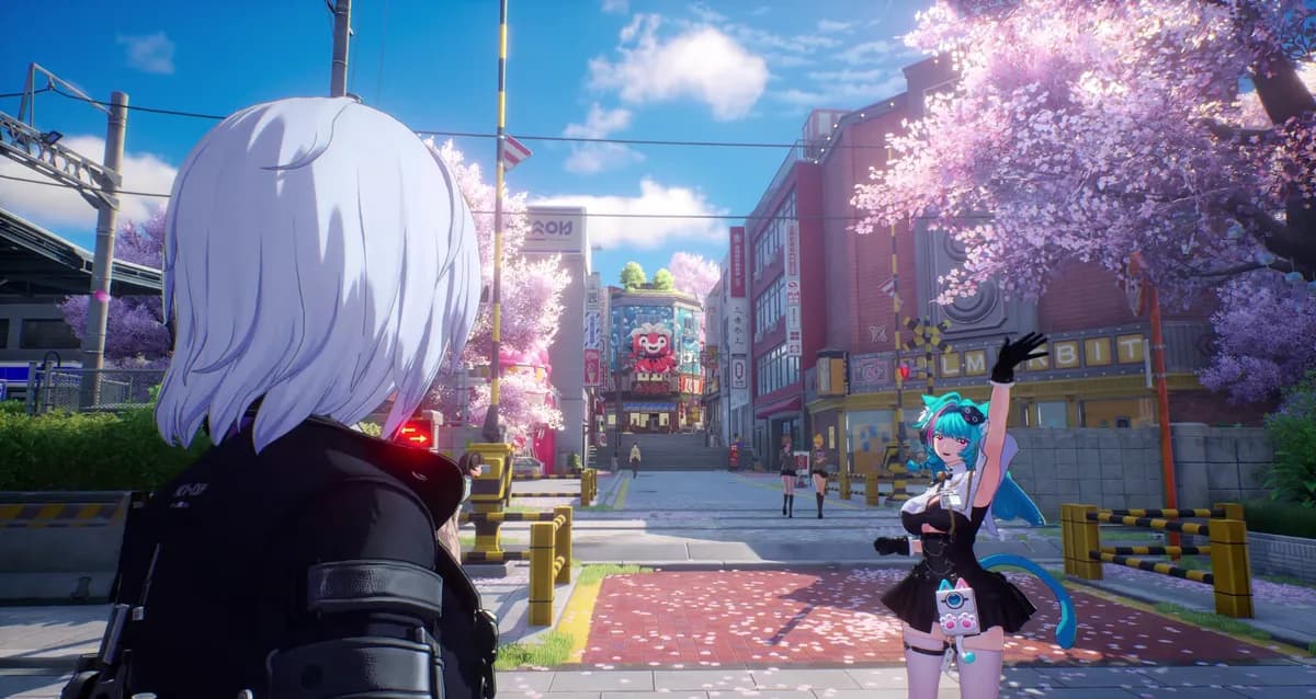 이환 NTE 도심 거리에서 마주친 두 캐릭터, 벚꽃 만개한 골목 배경