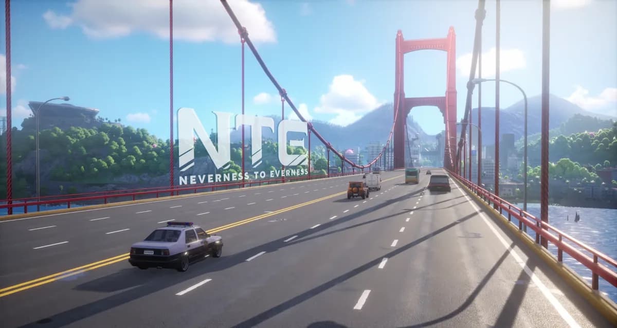 이환 NTE 로고가 박힌 빨간 현수교 도로 장면