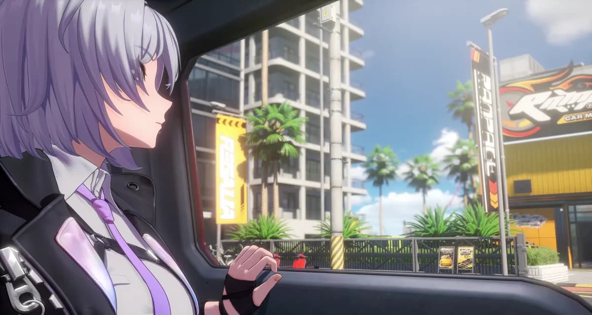 차 안에서 창밖을 바라보는 보라색 단발 여성 캐릭터