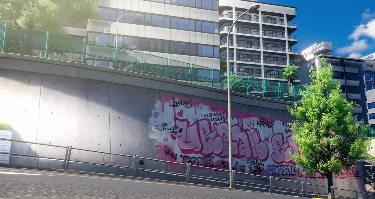 도시 옹벽에 그려진 분홍색 그래피티 'URBAN BOMB'