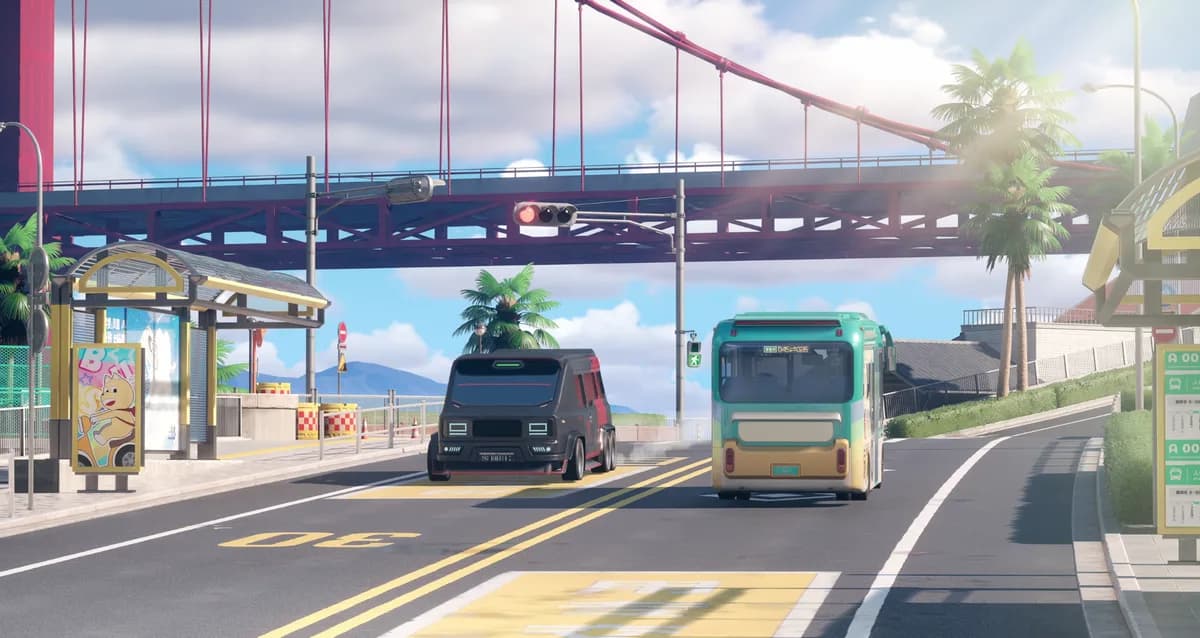 현수교 아래 정지선에 멈춘 검은 SUV와 녹색 시내버스