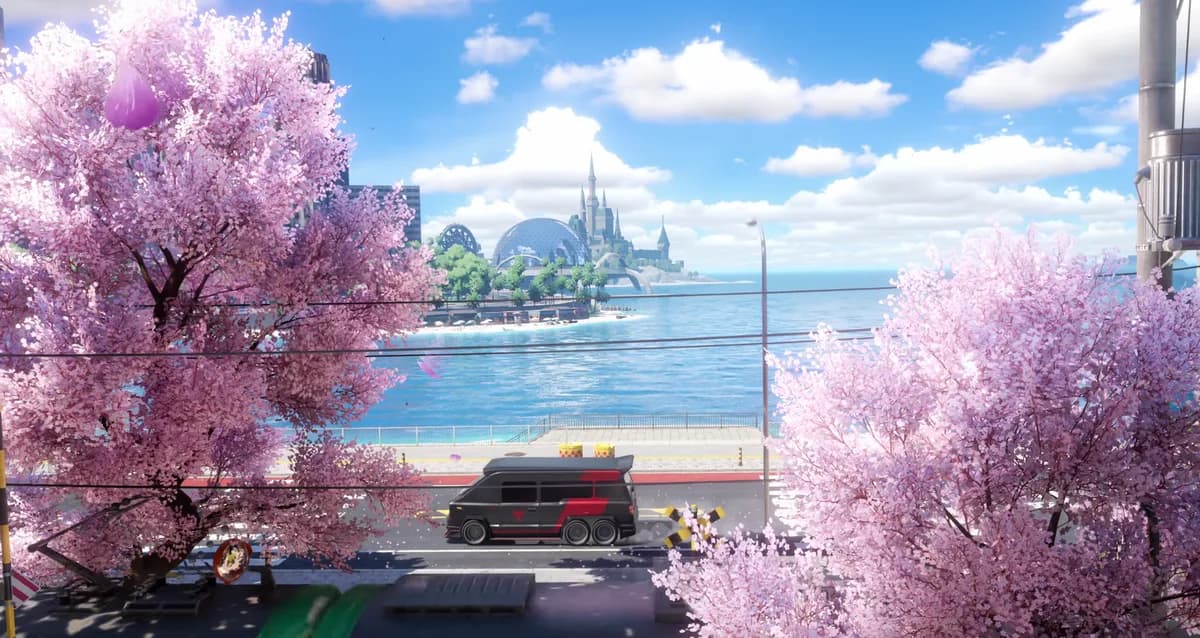 벚꽃이 만개한 강변 도로와 강 너머 도시 실루엣