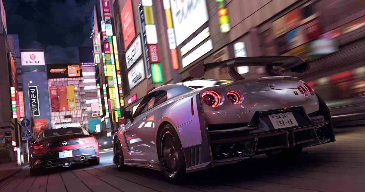 네온이 빛나는 일본 도쿄 거리를 질주하는 포르자 호라이즌 6의 닛산 GT-R