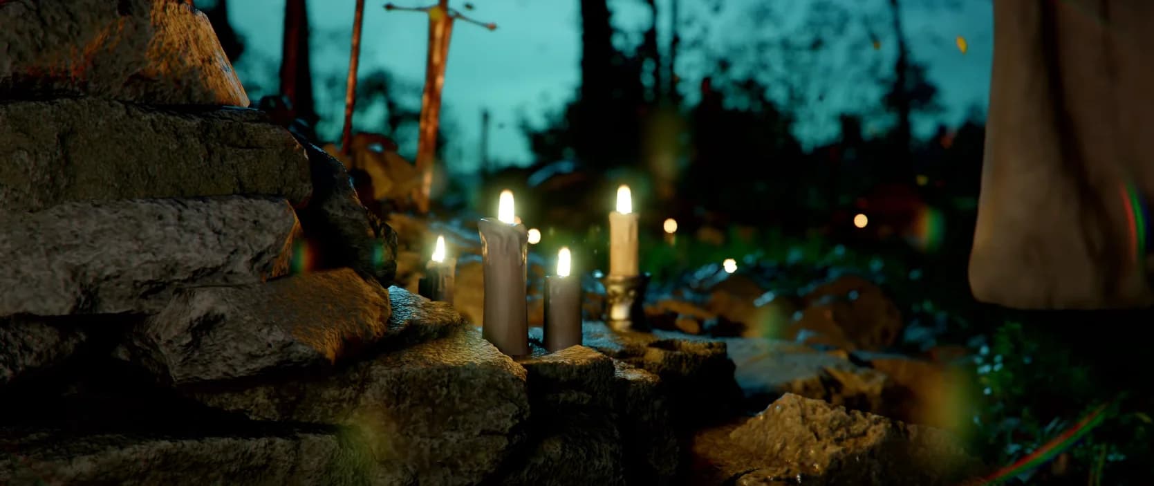 붉은사막 인게임 스크린샷 — 촛불이 밝힌 돌무더기 야경