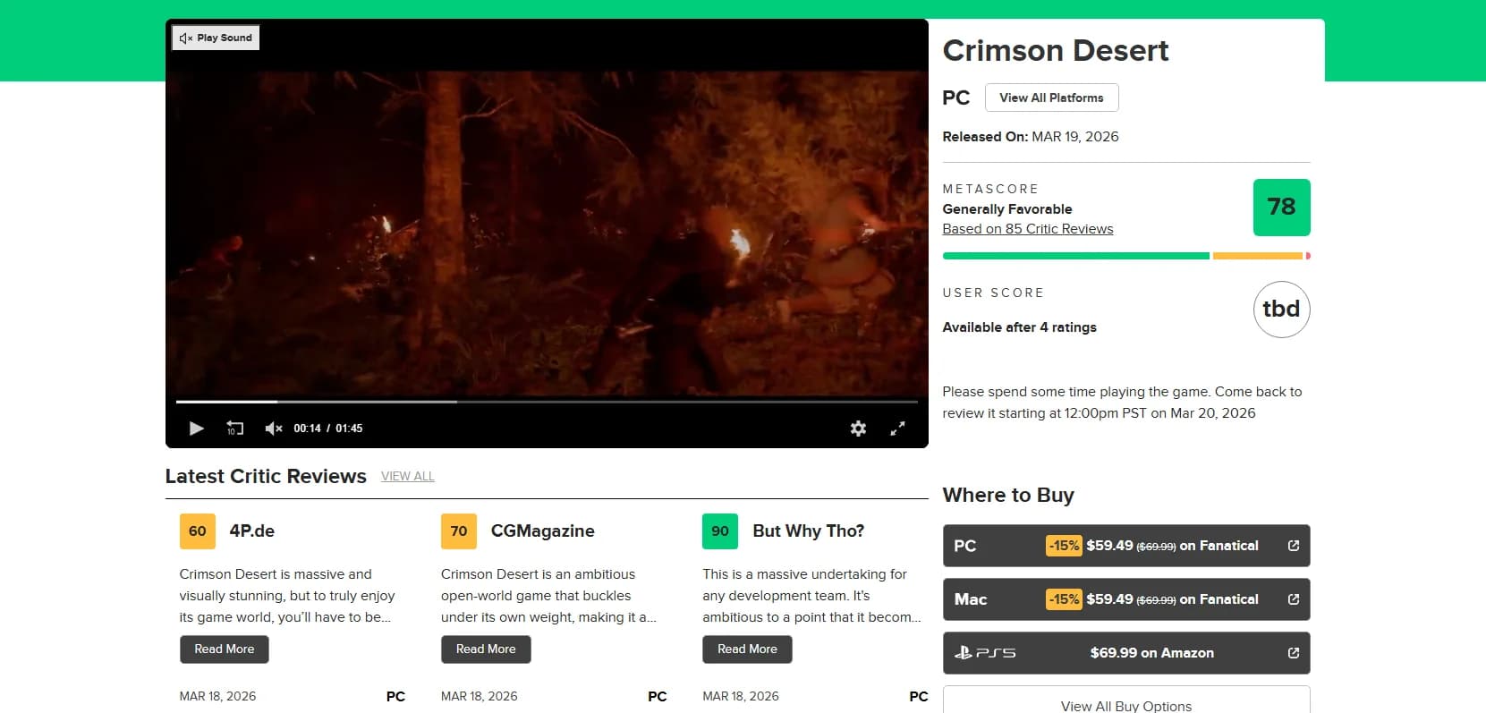 붉은사막 메타크리틱 PC 점수 78점, User Score는 tbd 상태