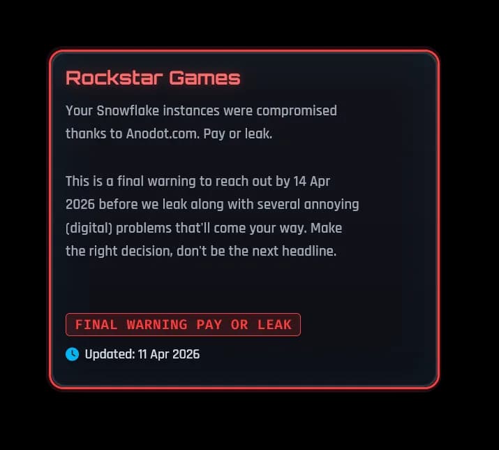 ShinyHunters가 다크웹에 올린 Rockstar 협박 포스팅 — 사이버펑크 2077 비주얼을 차용한 조롱 그래픽