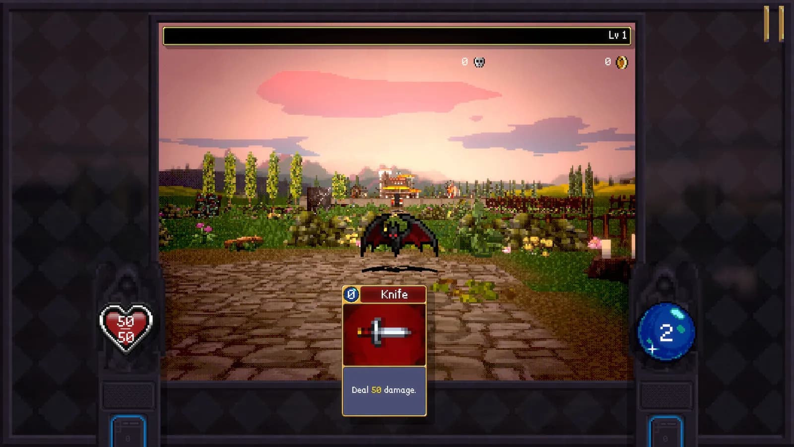 뱀파이어 크롤러스 튜토리얼 장면, 초원 배경에서 박쥐 적이 화면 중앙에 서 있고 하단에 Knife 카드가 표시된 전투 인터페이스