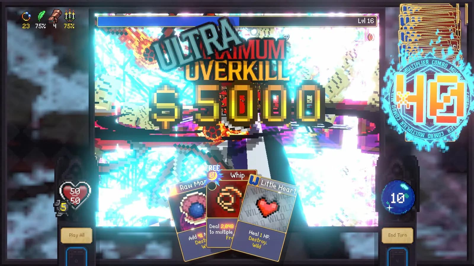 뱀파이어 크롤러스 전투 장면, 40콤보가 누적되며 ULTRA OVERKILL 5000 데미지가 화면 중앙에 터지는 순간